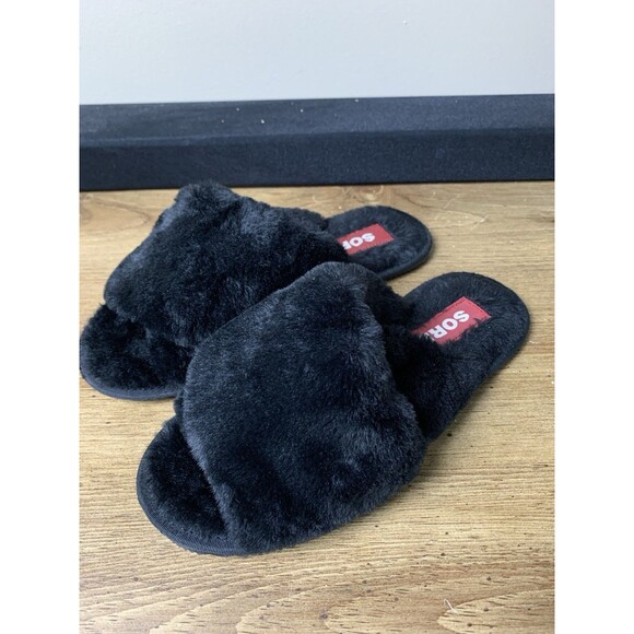 Sorel Women’s Go - Mail Run Slippers Sz 7 Faux Fur Black Fluffy - Picture 1 of 9